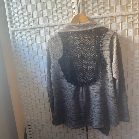 Lace Back Tan/Black West Kei Long Sleeve Cardigan Sweater Large - Picture 2 of 4